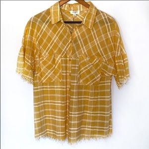 Umgee yellow white plaid top medium frayed sleeves
